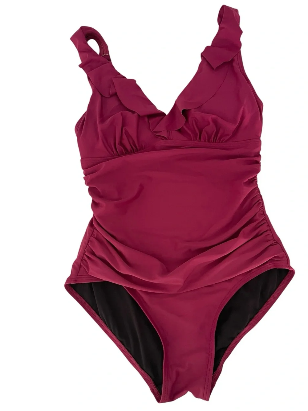 DKNY One Piece Swimsuit Ruffle V Neck Ruched Tummy Control Berry Size 10 - Picture 2 of 10